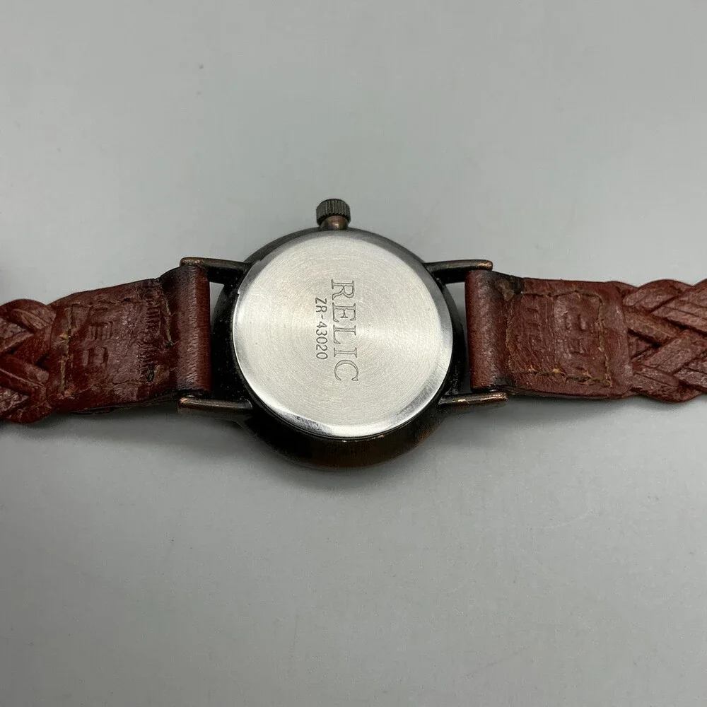 Relic Womens Watch 25mm Gray Dial Gold Tone Brown Braided Leather New Battery